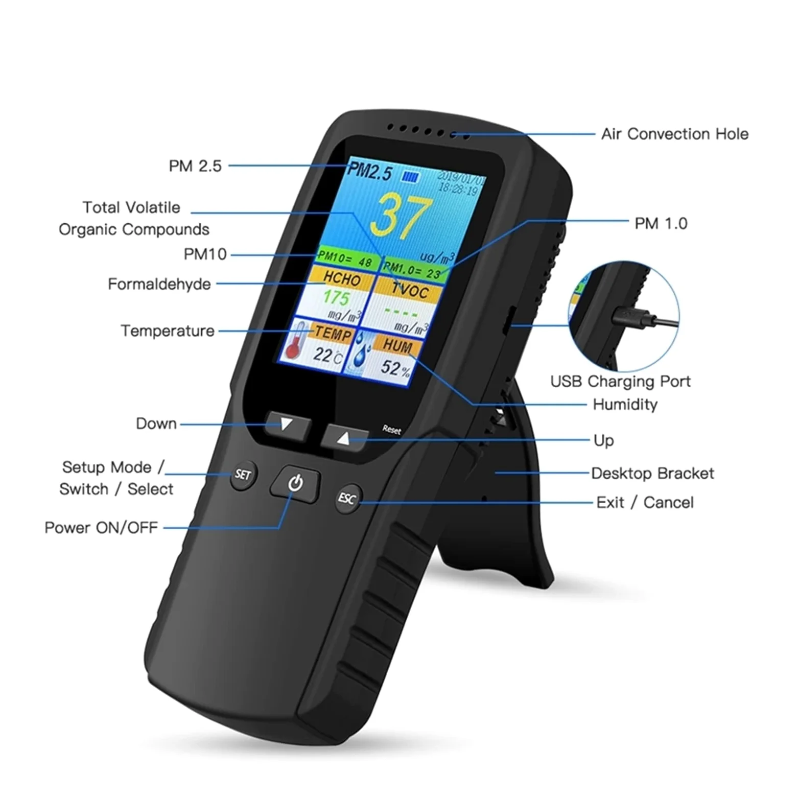 Rilevatore Gas, Monitor della qualità dell'Aria 9 in 1 Indoor Outdoor PM2.5, PM1.0, PM10, HCHO, rilevatore Tester Sensore di Temperatura e umidità per Lavoro, Casa