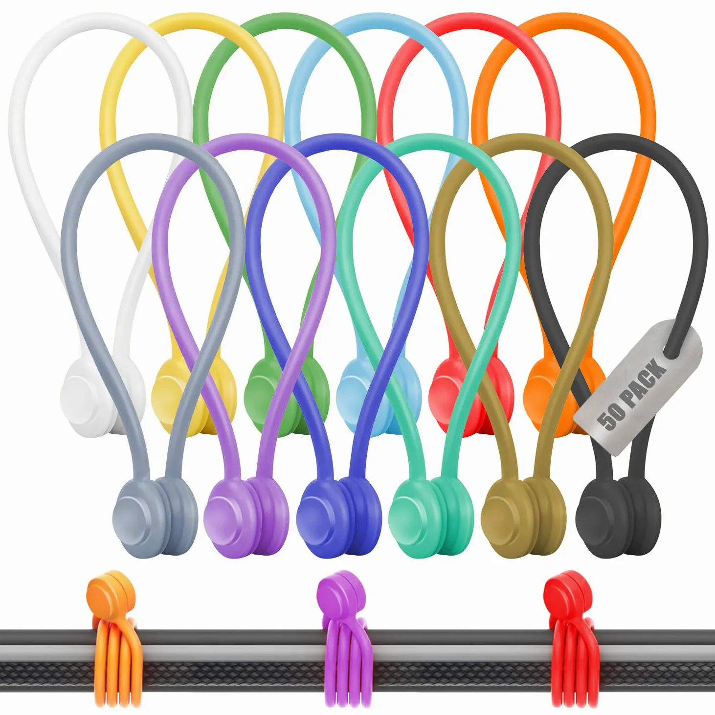 Confezione da 50 fascette magnetiche per cavi, caricabatterie e fili, in silicone, riutilizzabili, per casa, ufficio e viaggi, confezione da 50