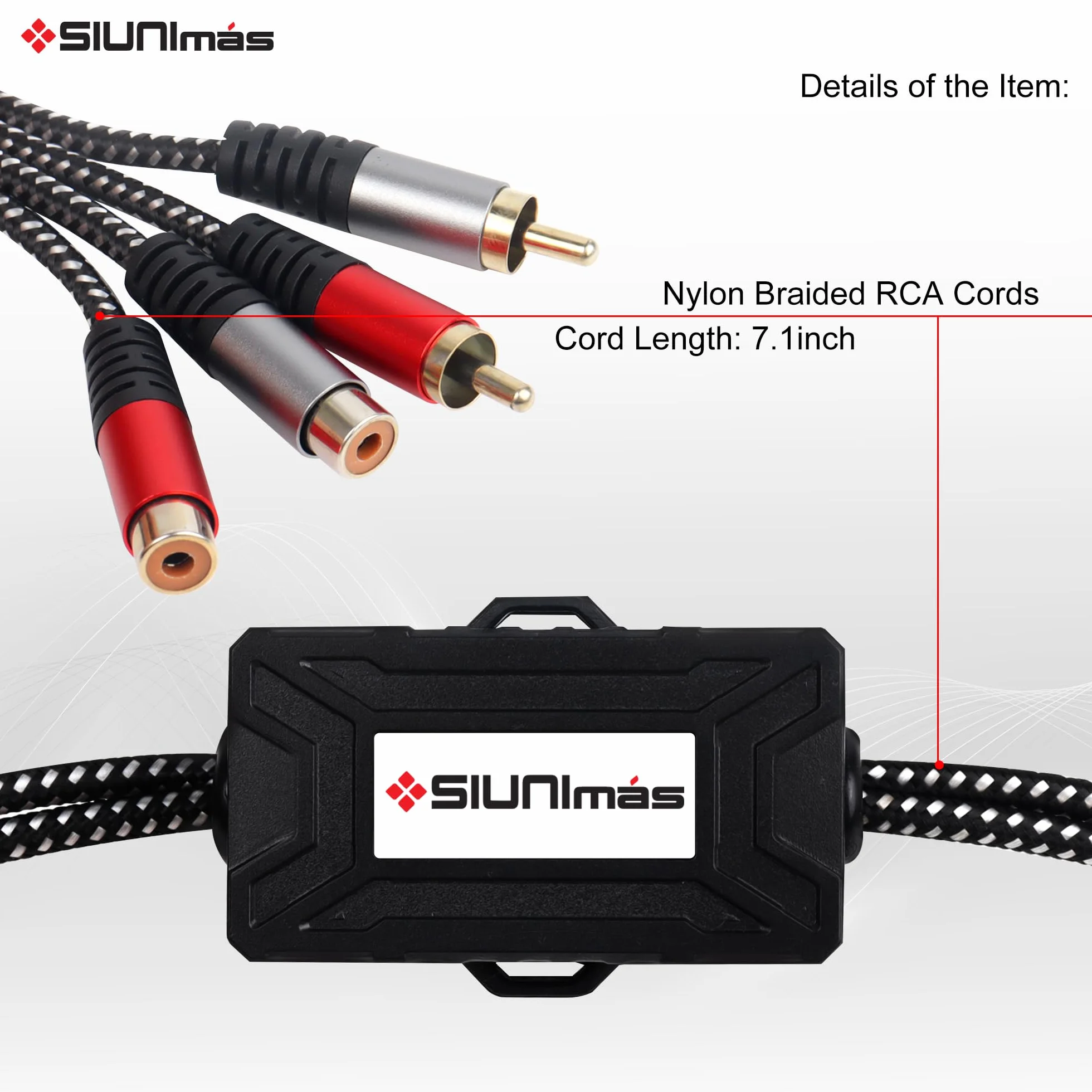 Isolatore RCA Pro a 2 canali con cavo intrecciato in nylon intrecciato per auto e home theater, con filtro antirumore con scatola in ABS resistente (SIM-2CH-RCA01A)