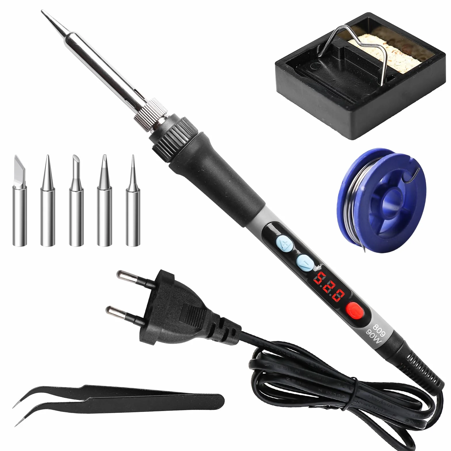GOMETY Set saldatore 90 W temperatura regolabile 180-520°C 5 punte supporto stagno pinzette