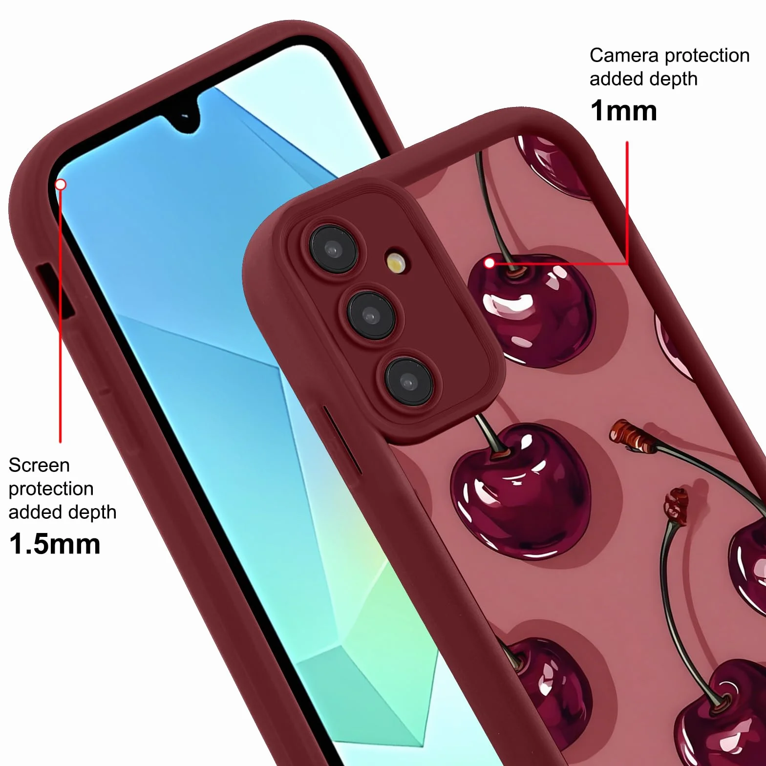Cover per Samsung Galaxy A16 5G 6,7", Cellulare Rosso Silicone Morbido Custodia per telefono Aesthetic Rosso Ciliegia Motivo Disegno Protezione Fotocamera Antiurto Case per Ragazze Donne