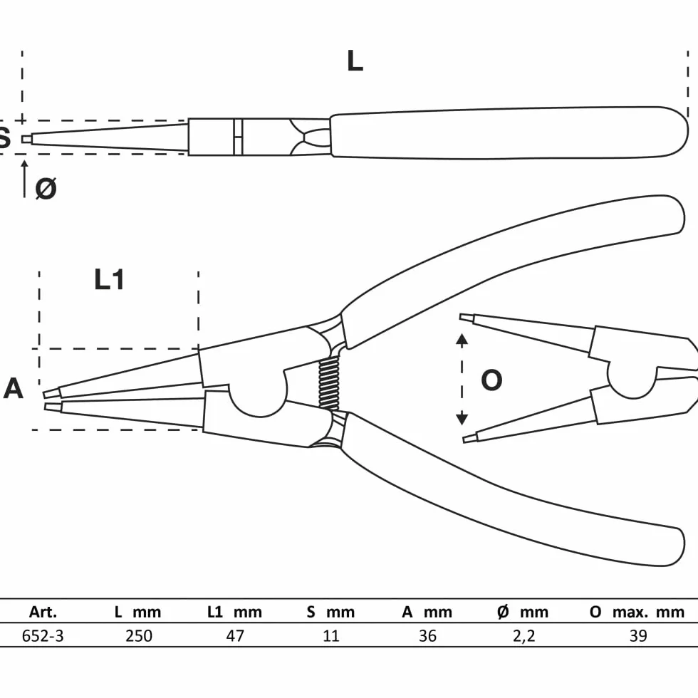 BGS 652-3 Pinza per anelli seeger dritta 250 mm