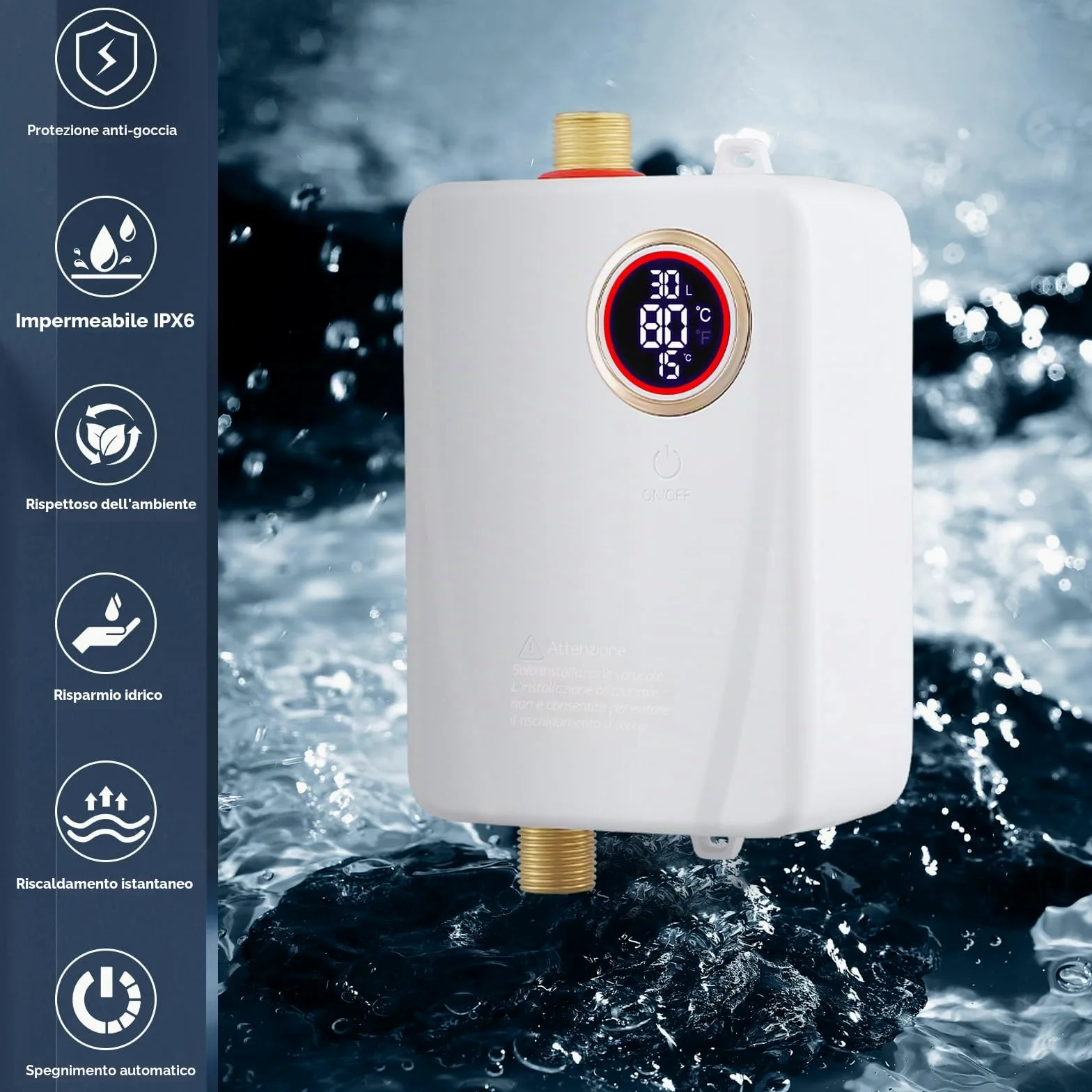 Mini scaldabagno istantaneo, 3500 W, 220 V, mini scaldabagno elettrico con indicatore di temperatura a LED, scaldabagno elettronico per doccia, bagno, cucina
