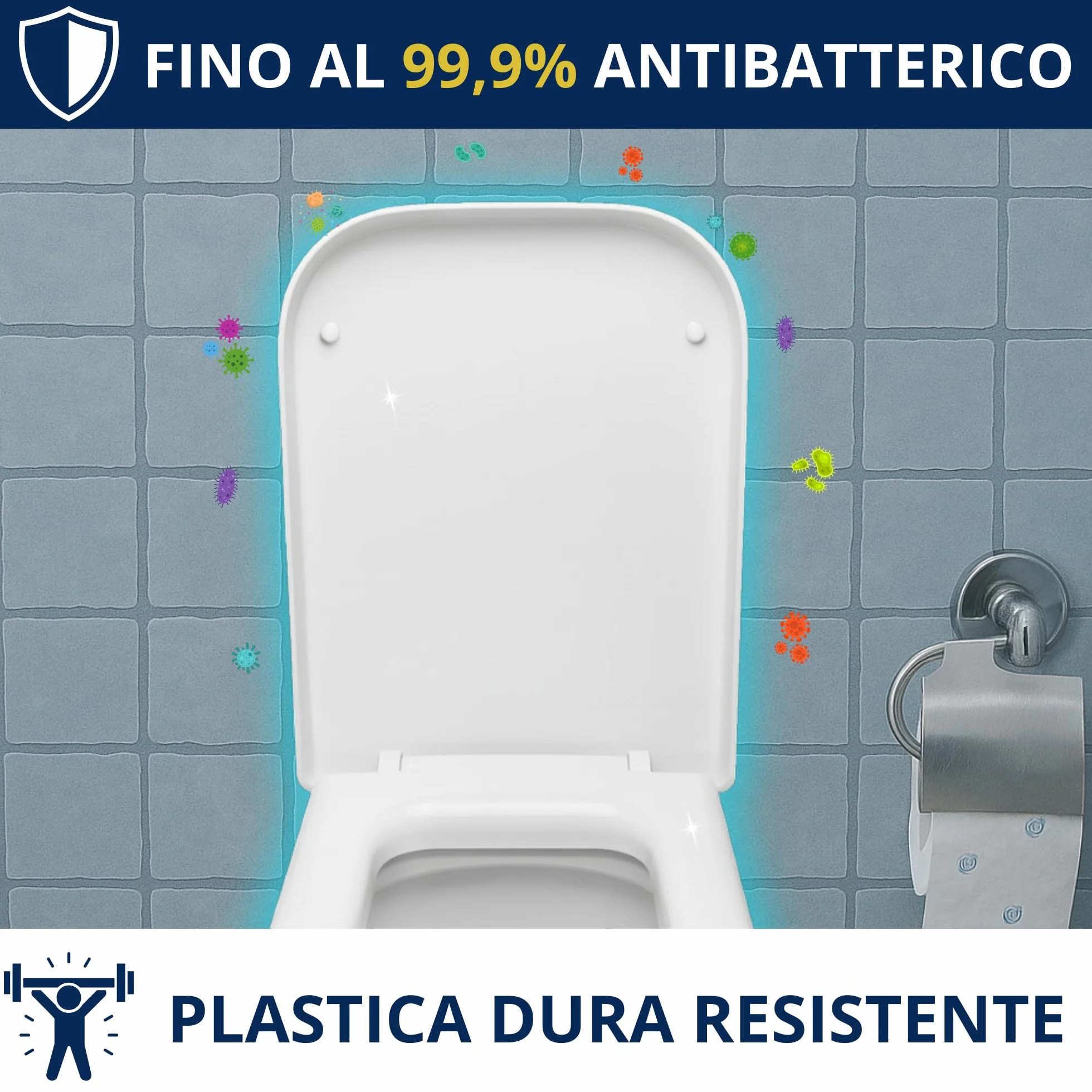 HYDRO HOME Copriwater Rettangolare HH313 Universale Compatibile con Vari Modelli, Tavoletta WC in Plastica Termoindurente, Antibatterico, Cerniere Regolabili Soft Close, Bianco (Chiusura ammortizzat)
