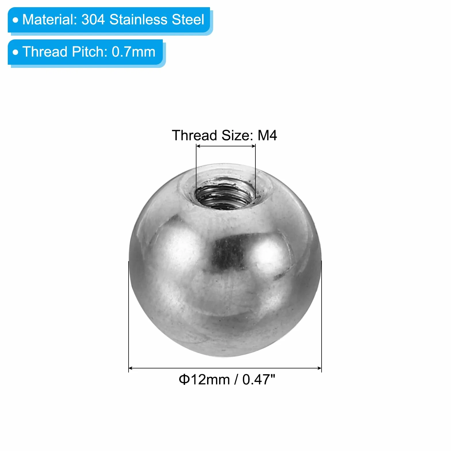 PATIKIL Dadi Manopola M4 Femmina Filettatura 12mm OD 304 Inossidabile Acciaio Tondo Sfera Vite Cappuccio Coperchio Argento