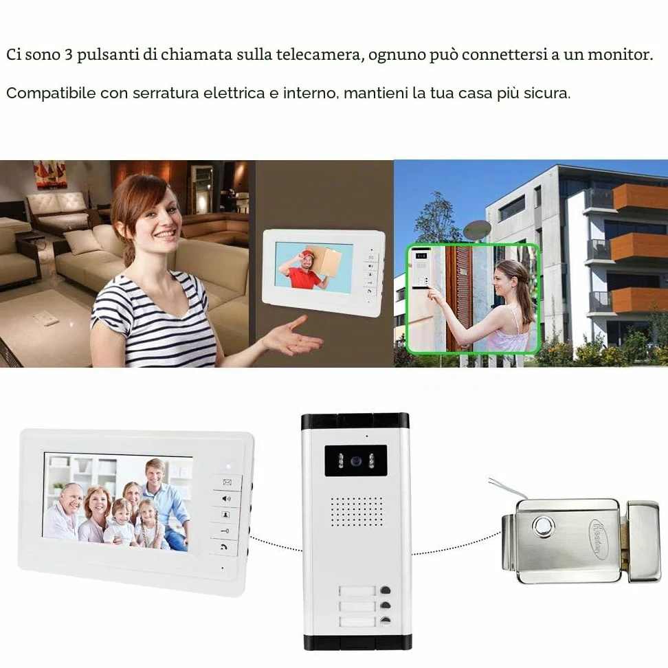 7 '' Videocitofono a colori cablato sistema di porte IR telecamera di visione notturna 480p + schermi di controllo interni per 2/3 appartamenti (3 monitor)