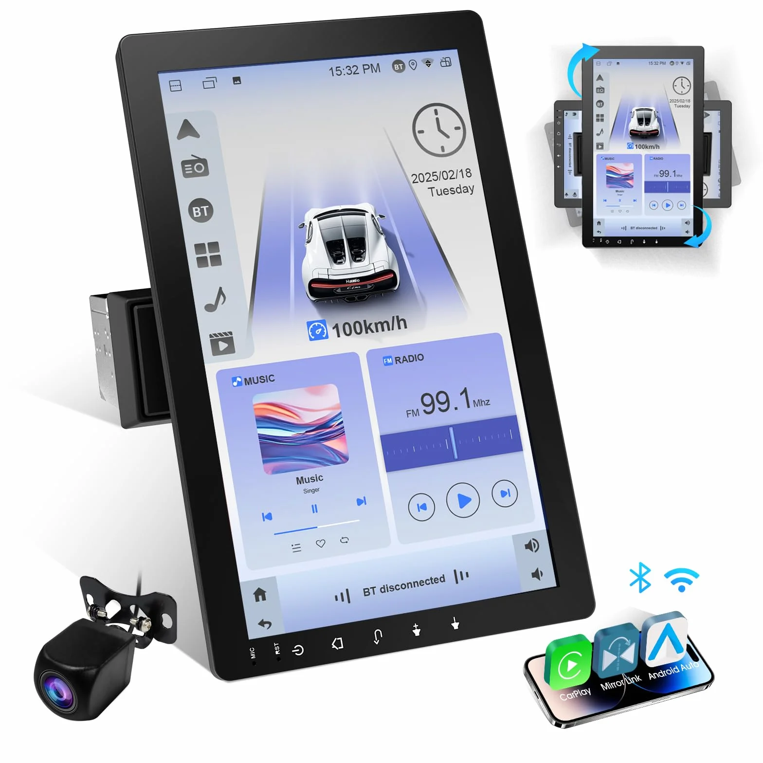 Haudio Autoradio Girevole a 360°, Stereo Bluetooth 1 DIN Carplay Wireless e Android Auto, Touchscreen IPS 10.1 Pollici Car Play con Mirror Link,Controllo vocale,RDS/FM/AM,Fotocamera Posteriore 720P