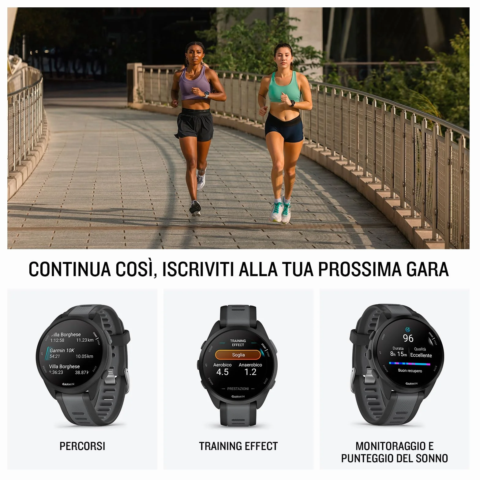 Garmin Forerunner 165, Smartwatch per la corsa, 43mm, GPS, Cardio, VO2max, Report mattutino, HRV Status, Piani gratuiti 5K, 10K e 21K, Training Readiness, GarminPay, Black & Slate Gray