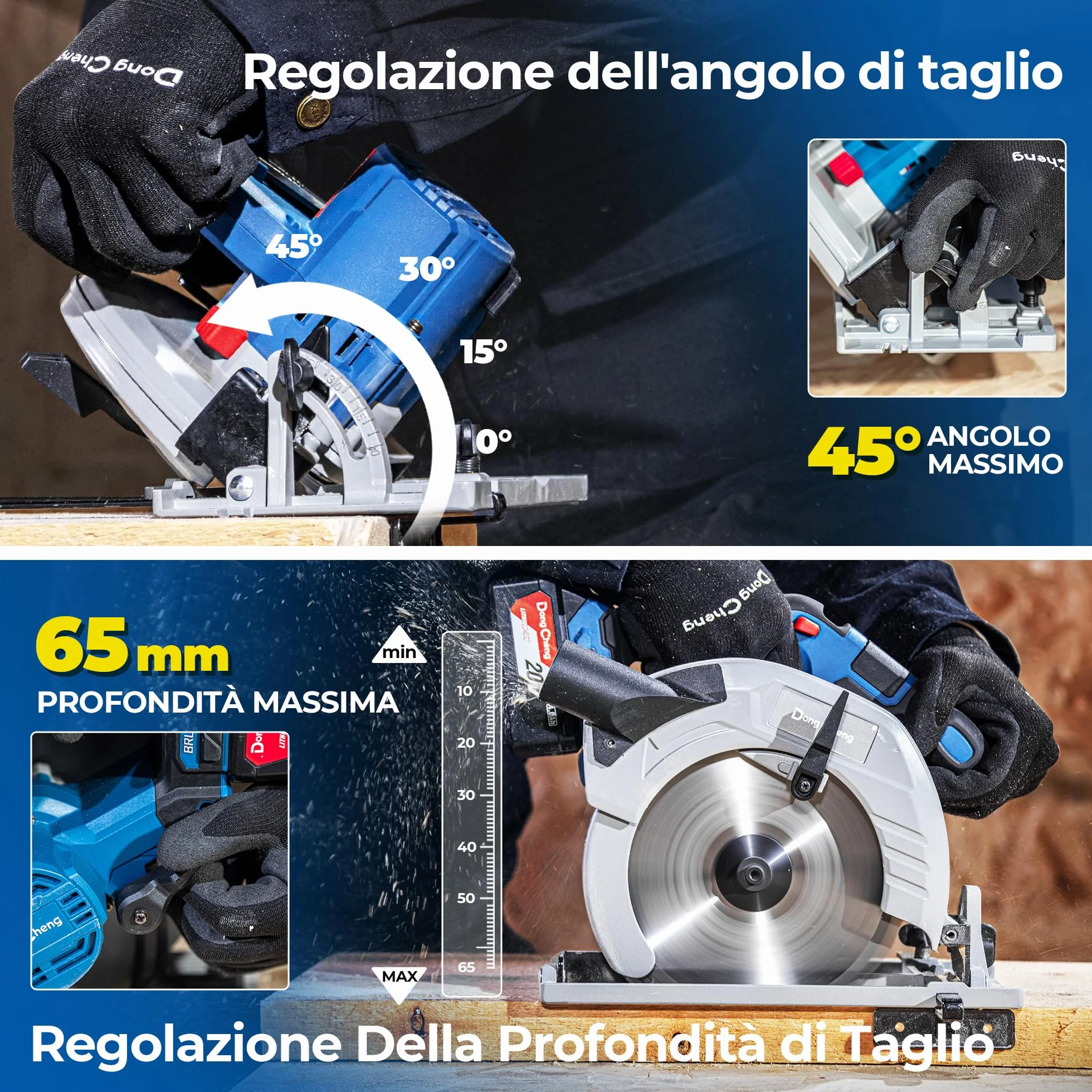 Dong Cheng Sega Circolare a Batteria da 18V, Diametro 185 mm, 5000 giri/min, Profondità di Taglio 65mm (90°)/45mm (45°) Con 4.0Ah Batteria, BOXX, Per Legno, Plastica, PVC