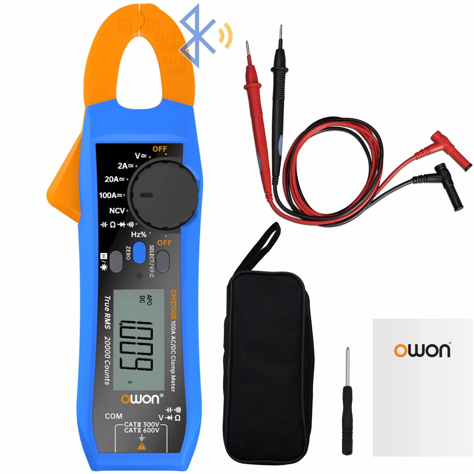 OWON CM2100B Pinza amperometrica Bluetooth 20000 conteggi palmare True RMS 600V 100A AC/DC Test corrente e tensione con protezione da sovraccarico VFC, tester di capacità di resistenza, funzione NCV
