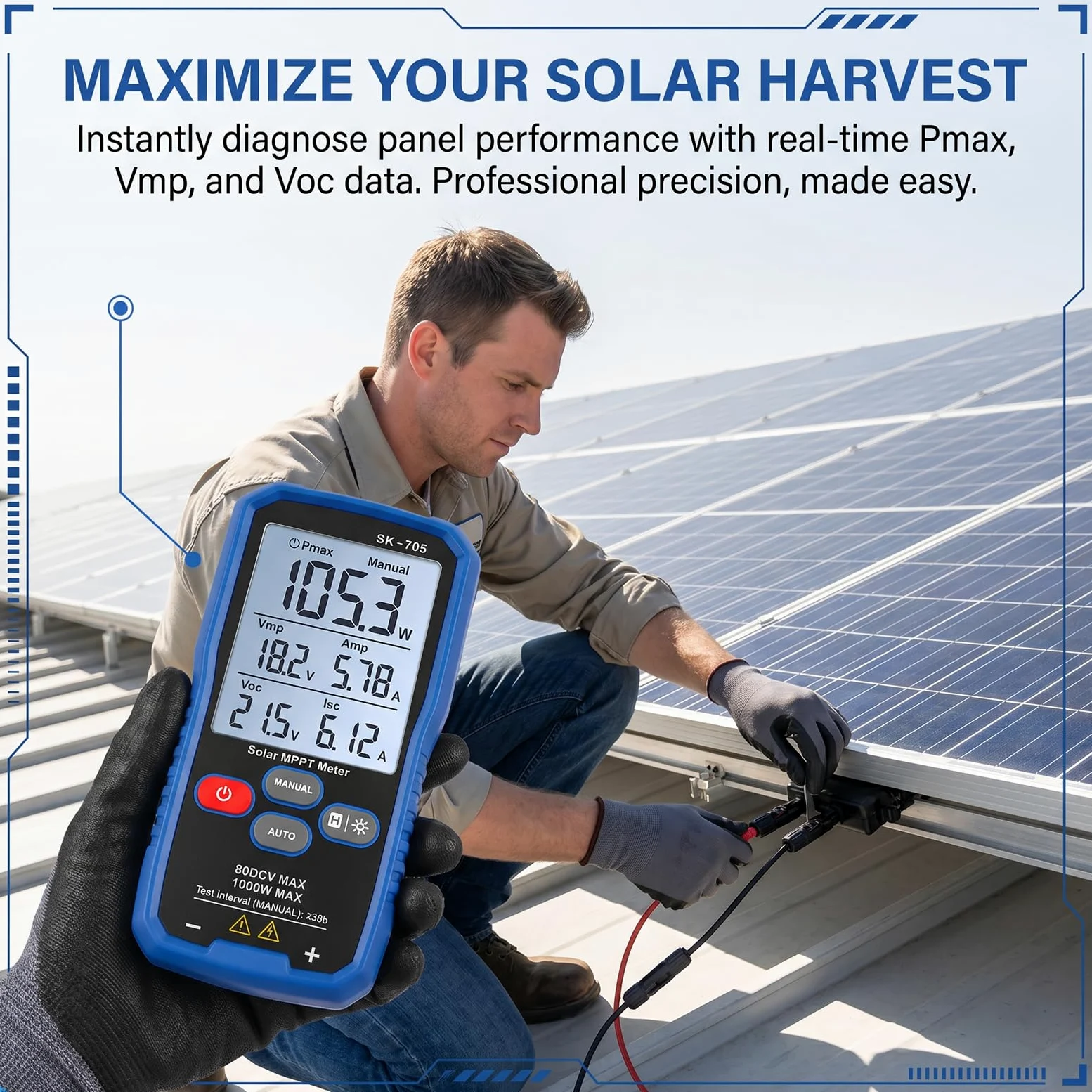 SK-705 Solar MPPT 1000 W Tester di potenza per moduli fotovoltaici, tester PV portatile con LCD da 3,2", misurazione automatica e manuale, Voc Isc Vmp Pmax