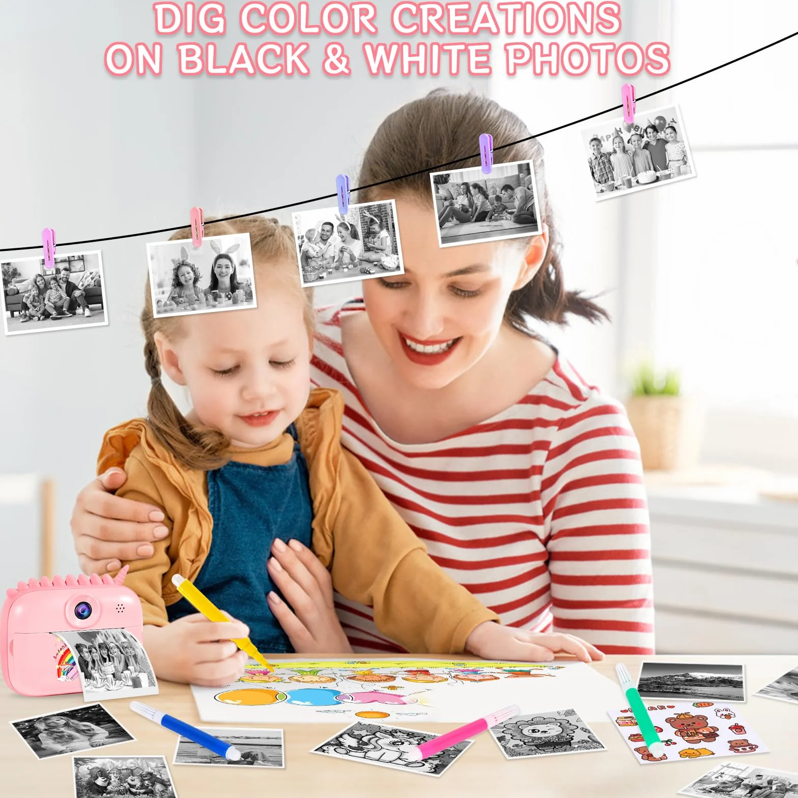 Fotocamera per bambini, 48 MP, schermo da 2,4 pollici, fotocamera istantanea con scheda 32 G, carta da stampa e penne colorate, video HD 1080P, regalo per bambini 3-12 anni
