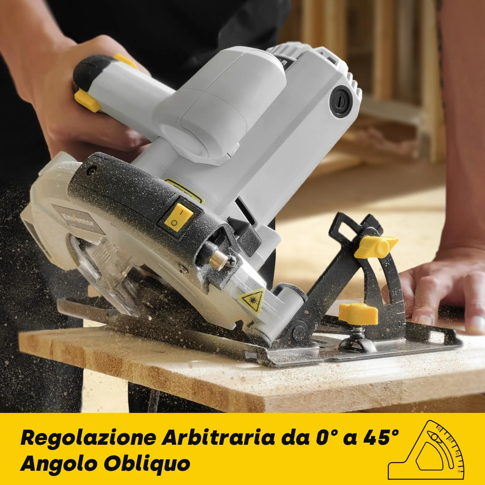Enventor Sega Circolare 1200W con Guida Laser, per Legno, 2 Lama da 185mm (24T&40T), 5800RPM,Taglio Massima:62mm (90°) e 42mm (45°),Motore Di Rame Puro,Inclusa Guida di Rip