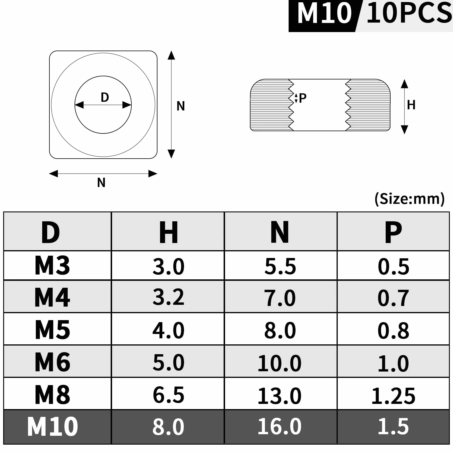 Dado Quadrato M10 Acciaio Inox 304 DIN 557 10 Pezzi