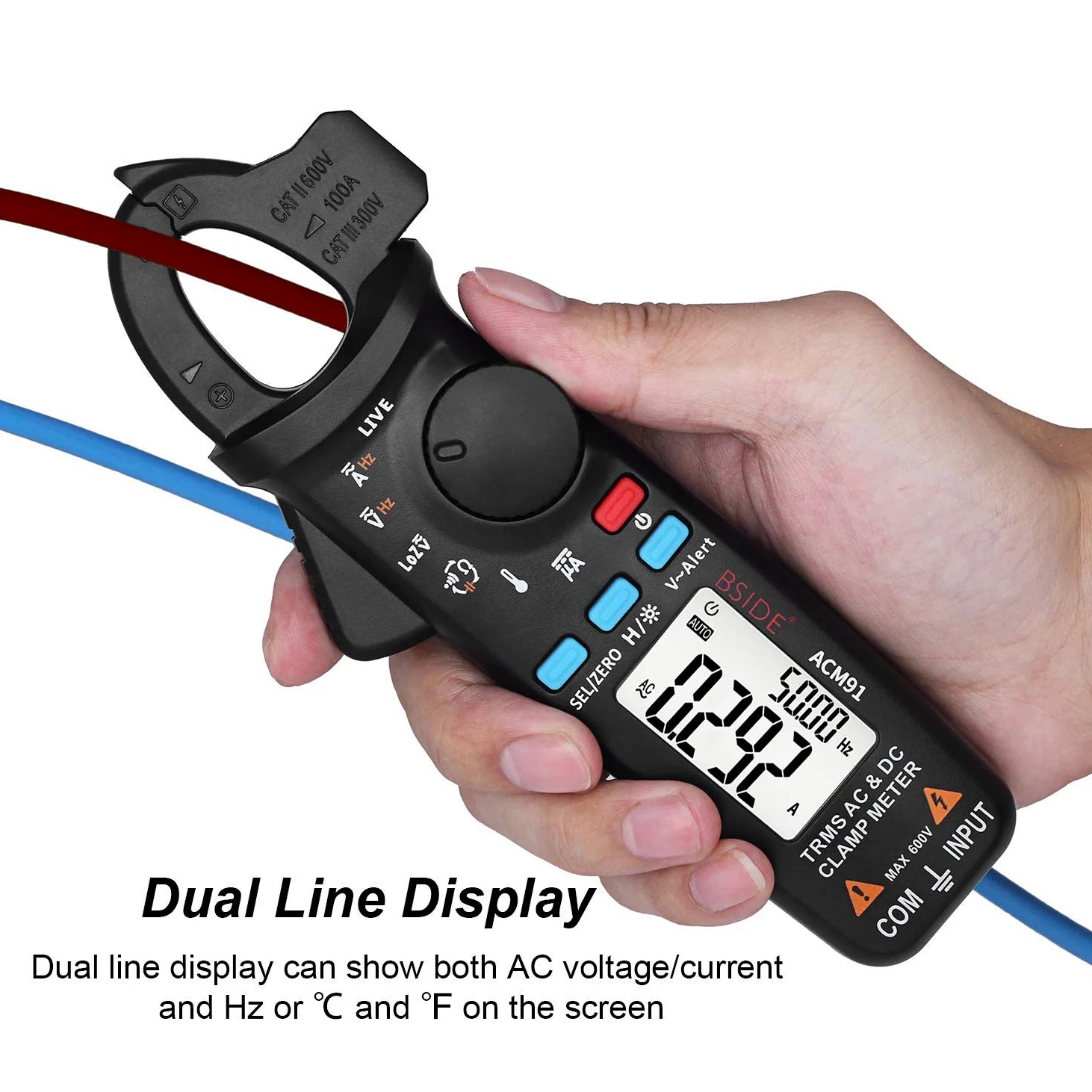 BSIDE ACM91 Pinza Amperometrica, Digitale Multimetro Range Automatico Tensione di corrente AC DC Resistenza Frequenza Capacitance Temperatura Tester NCV