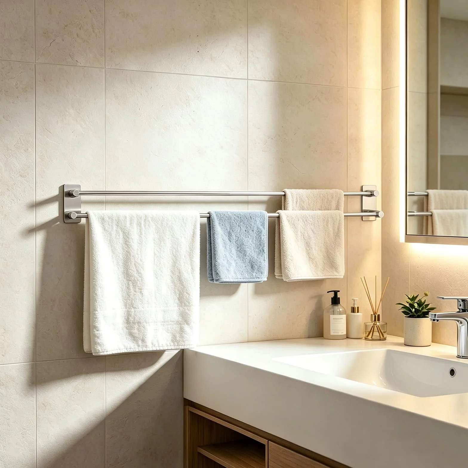 Portasciugamani 40cm Doppio Autoadesivo in Acciaio Inox Bagno Cucina Camera | Senza Foratura, Acciaio Inox SUS304