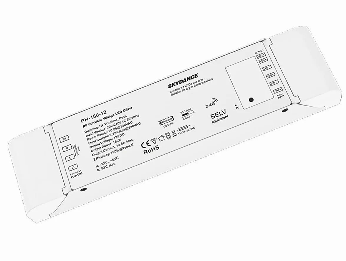 Trasformatore Alimentatore Dimmerabile 12V 150W con Pulsante N.O. Push Dimmer – Compatibile con Telecomando RF 2.4G (non incluso), Per Striscia LED 150V, Skydance PB-150-12