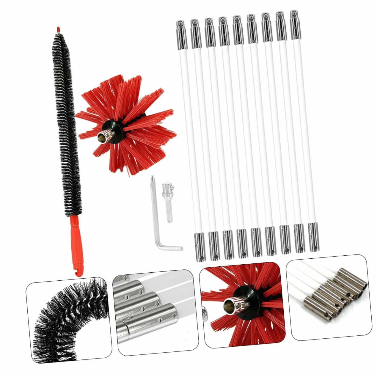 Spazzola per Stufa 9 Aste in Nailon Flessibili per Canne Fumarie | Kit Spazzacamino, Pulizia Tubi Pieghevoli, Non Graffia, per Canne Metalliche e Camini in Mattoni