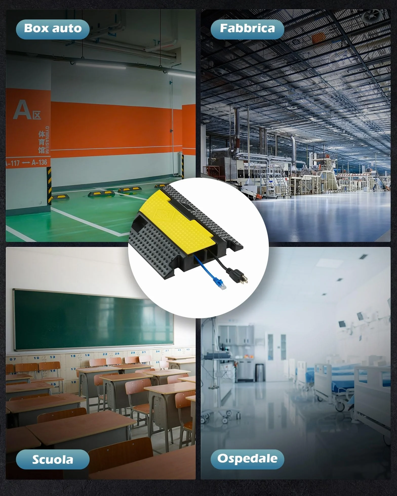 CREWORKS Passacavo a Pavimento in Gomma 3 Pezzi 2 Canali Capacità 5T Modulare Antiscivolo