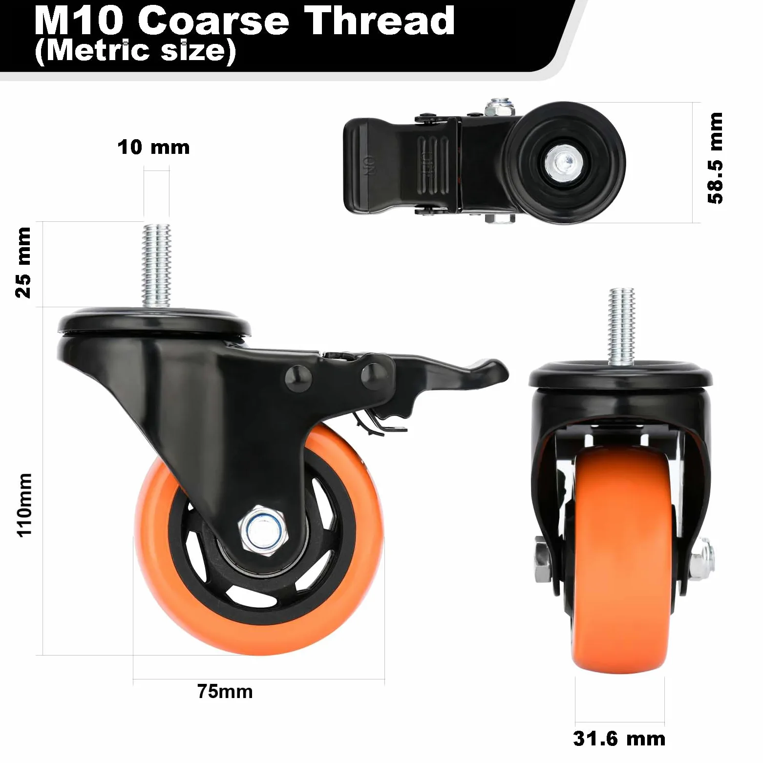 75 mm Ruote per carrelli M10-1.5 x 25 Ruote con Perno filettato Set da 4 per carichi Pesanti 450kg Bino Blocco Congegno & Silenzioso Ruote per Cavo Scaffalatura, Carrelli, Mobili