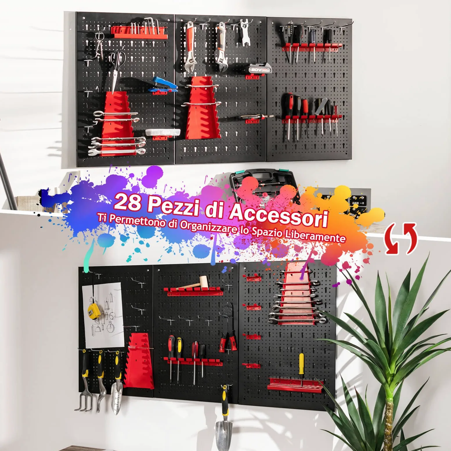 GYMAX Set di Pannello Portautensili, con Porta chiave inglese e Ganci, Adatto per Utensili di Tutte le Dimensioni, Compatto e Salvaspazio (Stile 2)