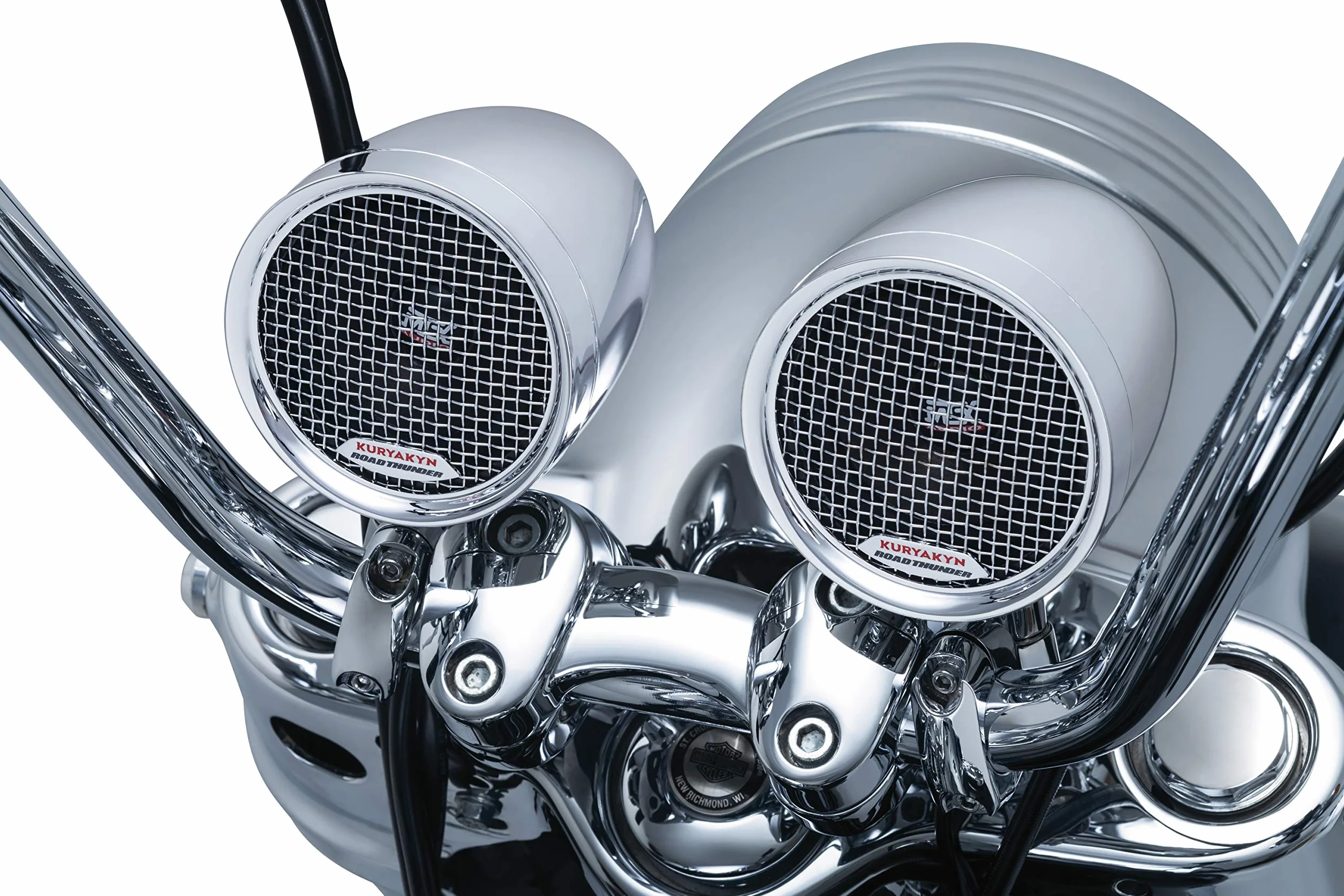 Kuryakyn 2712 MTX Road Thunder - Altoparlanti per moto, resistenti alle intemperie, da 100 Watt, con supporto per manubrio e controller audio Bluetooth, cromati