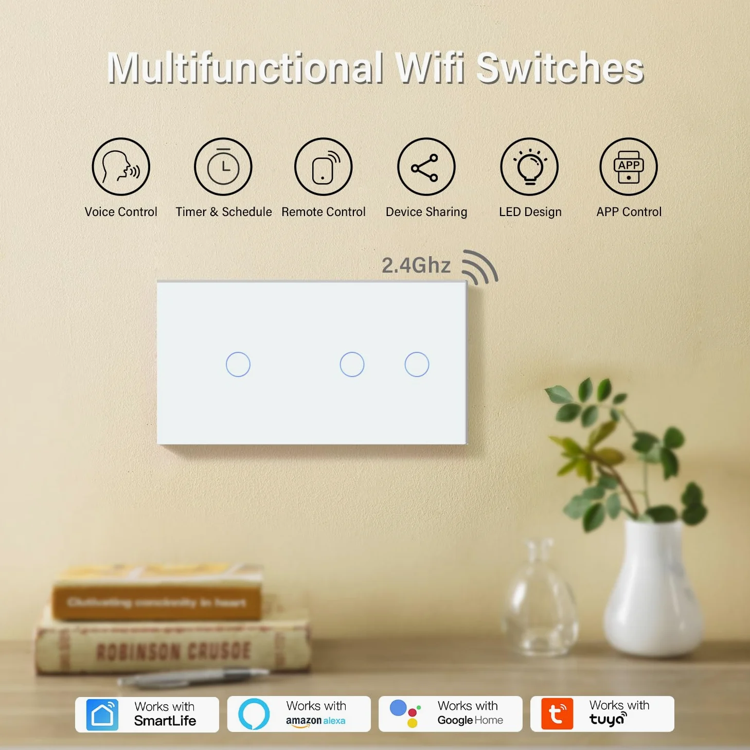 BSEED Doppio interruttore della luce WiFi Smart Alexa, senza conduttore neutro, interruttore touch WIfI in vetro, Alexa e Google Home Work con Tuya, 1 scomparto + 2 scomparti 157 mm, bianco