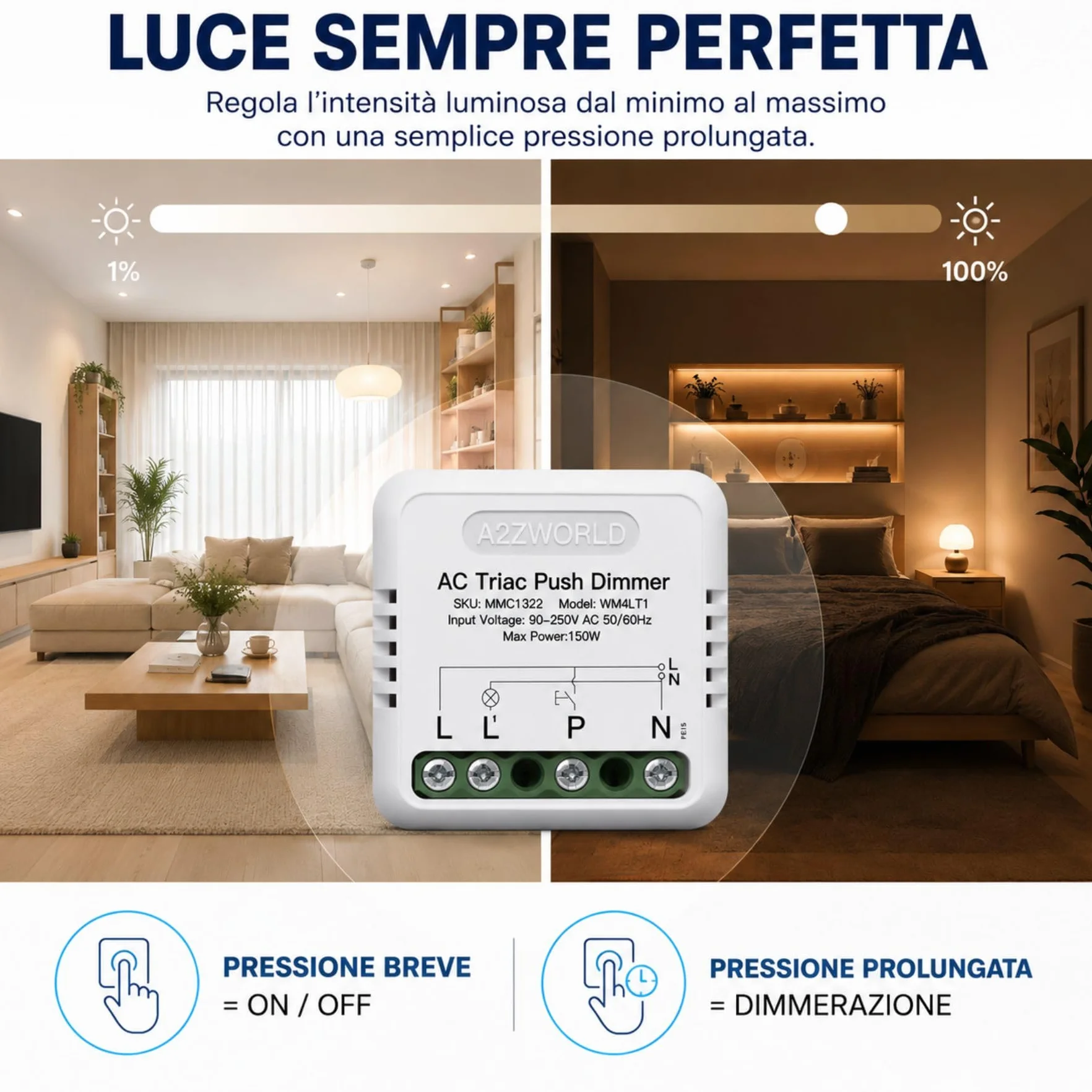 10 PCS Dimmer Triac a Pulsante 220V 150W, Comando Fase o Neutro, Regolabile 10-100%, Sincronizzabile, Memoria, Da Incasso e Barra DIN, Per Led Dimmerabile,40x40x18mm