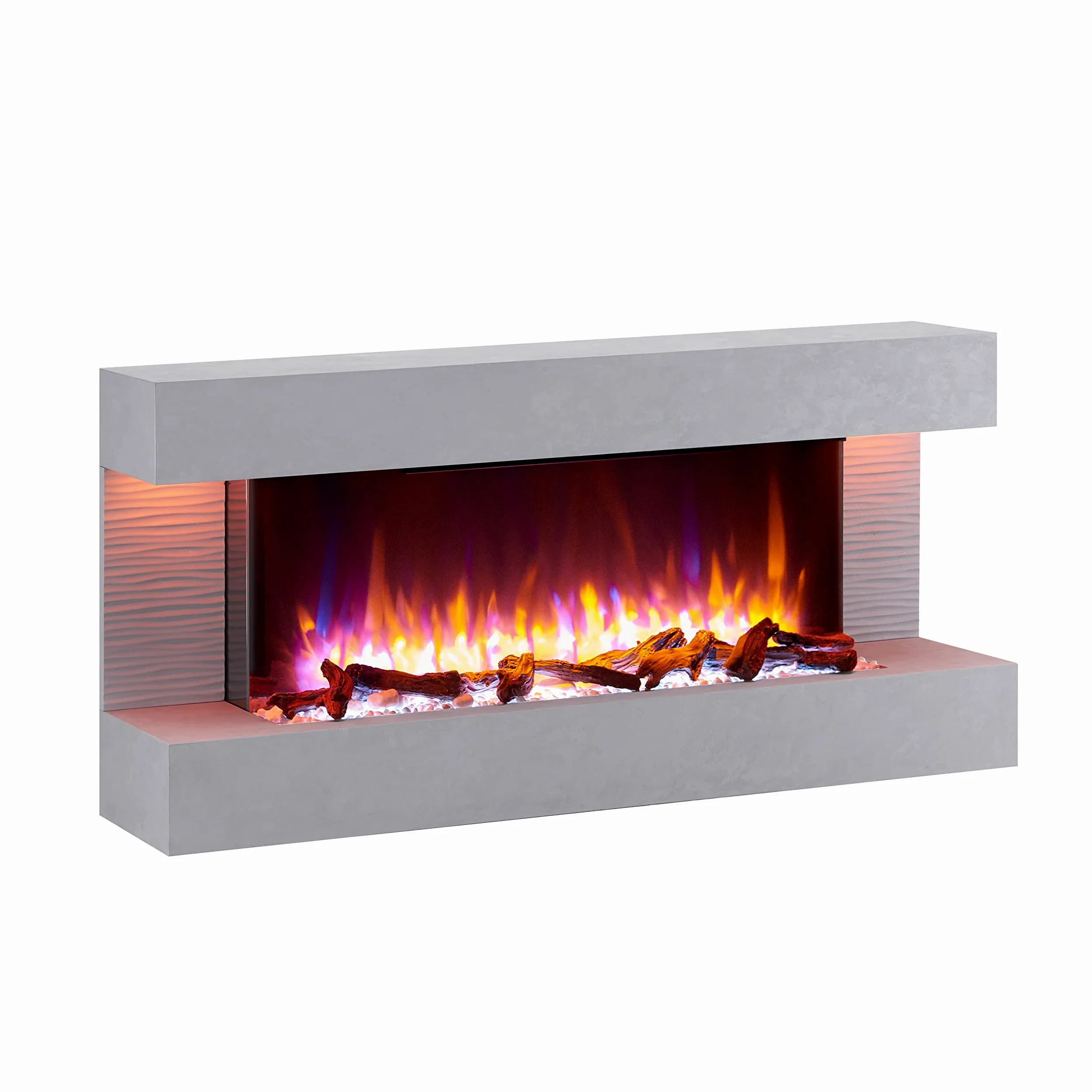 BALDERIA camino elettrico Helia | Caminetto elettrico da parete con effetto fiamma 3D | Riscaldamento elettrico 2000 W | Focolare sospeso a parete con telecomando, timer, termostato | Grigio
