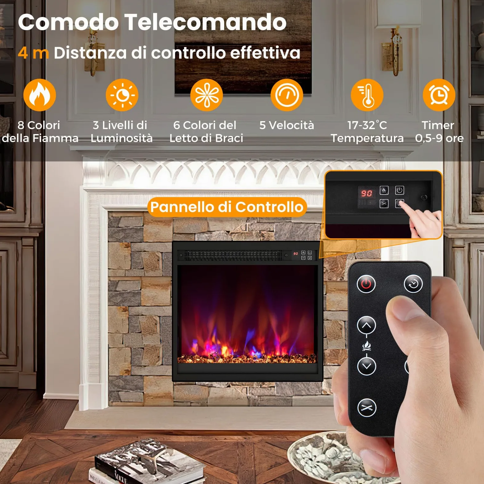 RELAX4LIFE 49/61/68,5 cm Camino Elettrico Incassato con Fiamma Multicolore e Letto di Braci, Telecomando, Timer, Termostato Integrato e Protezione da Surriscaldamento, 1500W (LUNGHEZZA:49CM)