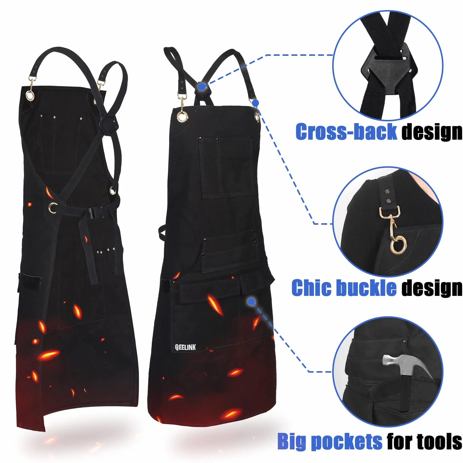 QeeLink Grembiule da Lavoro per Carpentiere con 10 Tasche, Grembiule Saldatura Tela Ignifugo con Cinturino Incrociato sul Retro, Grembiule Falegname Regolabile da M a XXXL per Artigiano e Officina