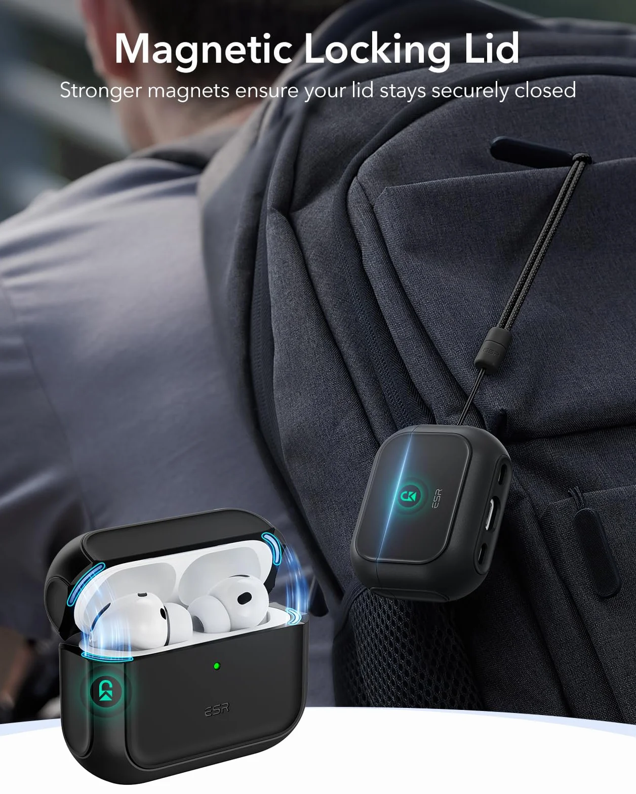 ESR Custodia per AirPods Pro 3, Compatibile con la custodia AirPods Pro di 3a Gen (2025), Compatibile con MagSafe, Protezione completa contro le cadute, Cordino incluso, Nero