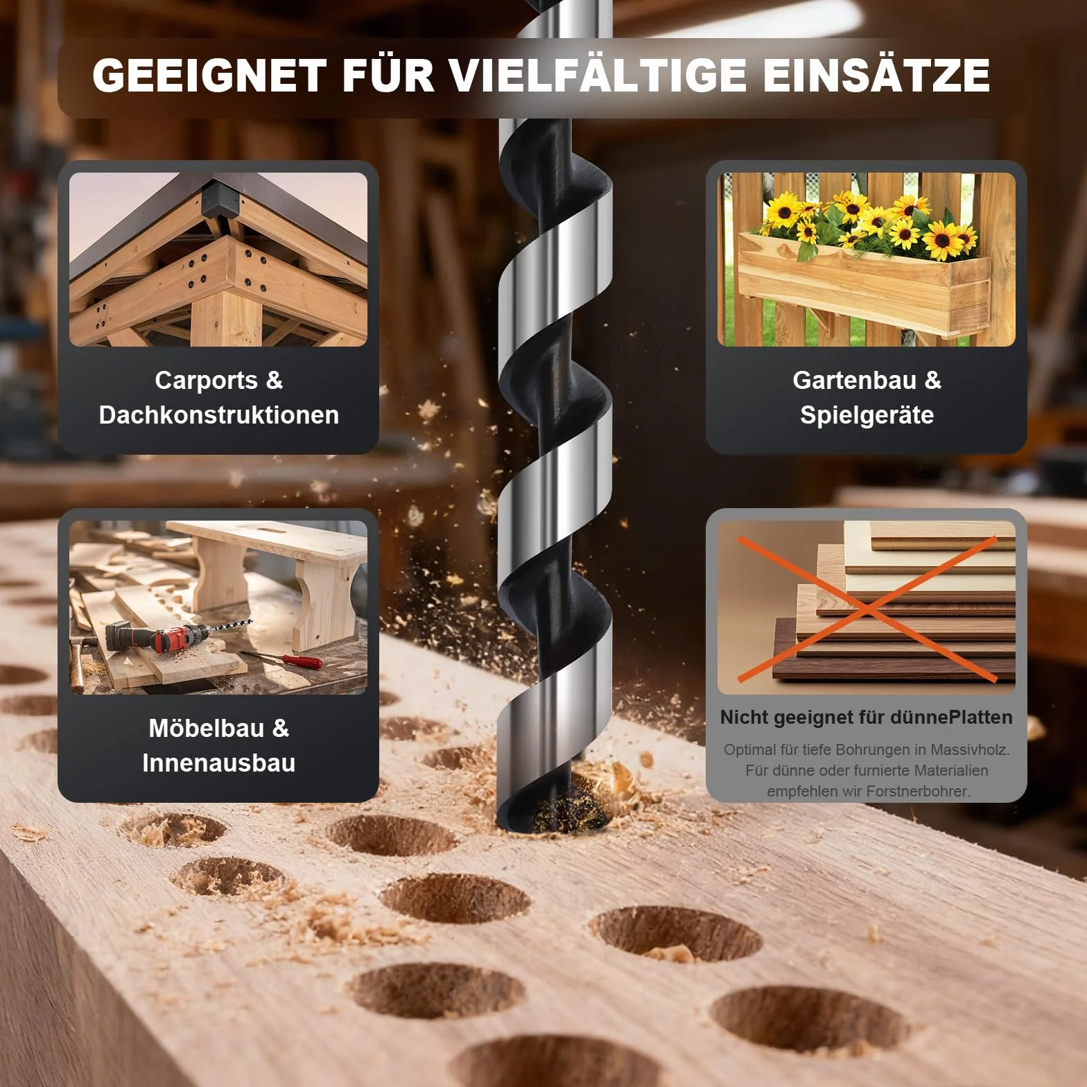 Punte per trapano a serpente 10 mm x 250 mm con punta filettata autocentrante codolo esagonale 6,35 mm per legno
