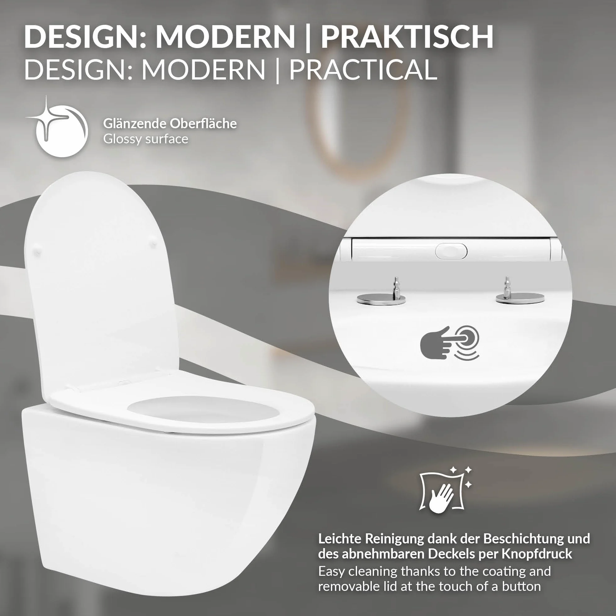 LuxeBath WC Sospeso Senza Bordo Vaso in Ceramica Bianco Corto 49 cm Risciacquo Scarico Tornado con Sedile Softclose