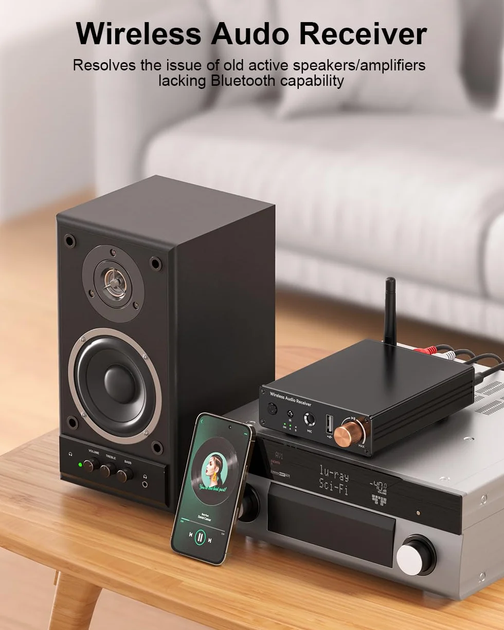 Ricevitore Bluetooth 6.0, adattatore audio wireless ad alta risoluzione con bassa latenza che supporta chiavette USB, jack da 3,5 mm, chiamate, per vecchi stereo/altoparlanti cablati