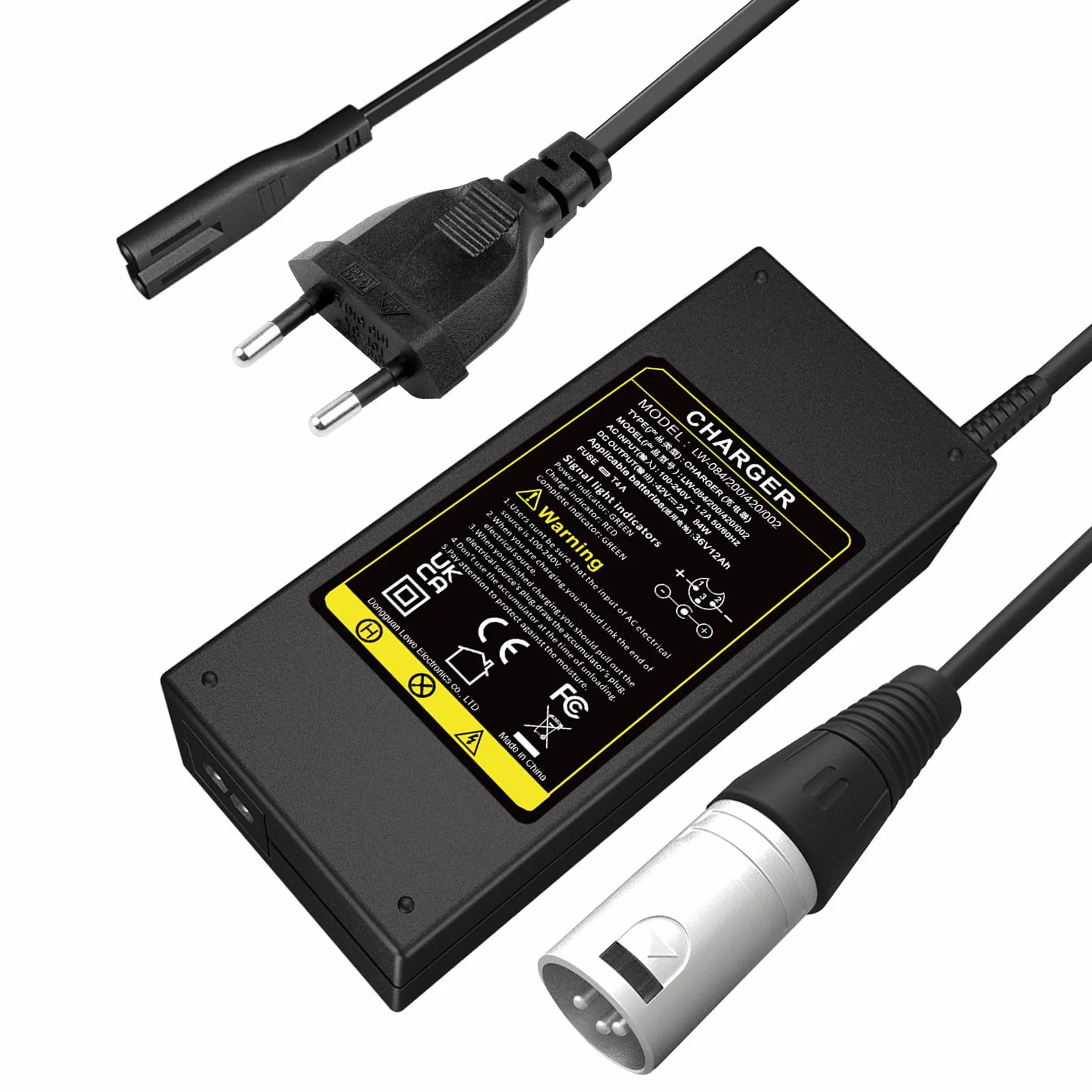 Labtec Caricabatteria 42V 36V 2A per Batteria al litio con connettore XLR a 3 pin per Bici Elettrica Monopattino Elettrico Sedia a Rotelle Elettrica