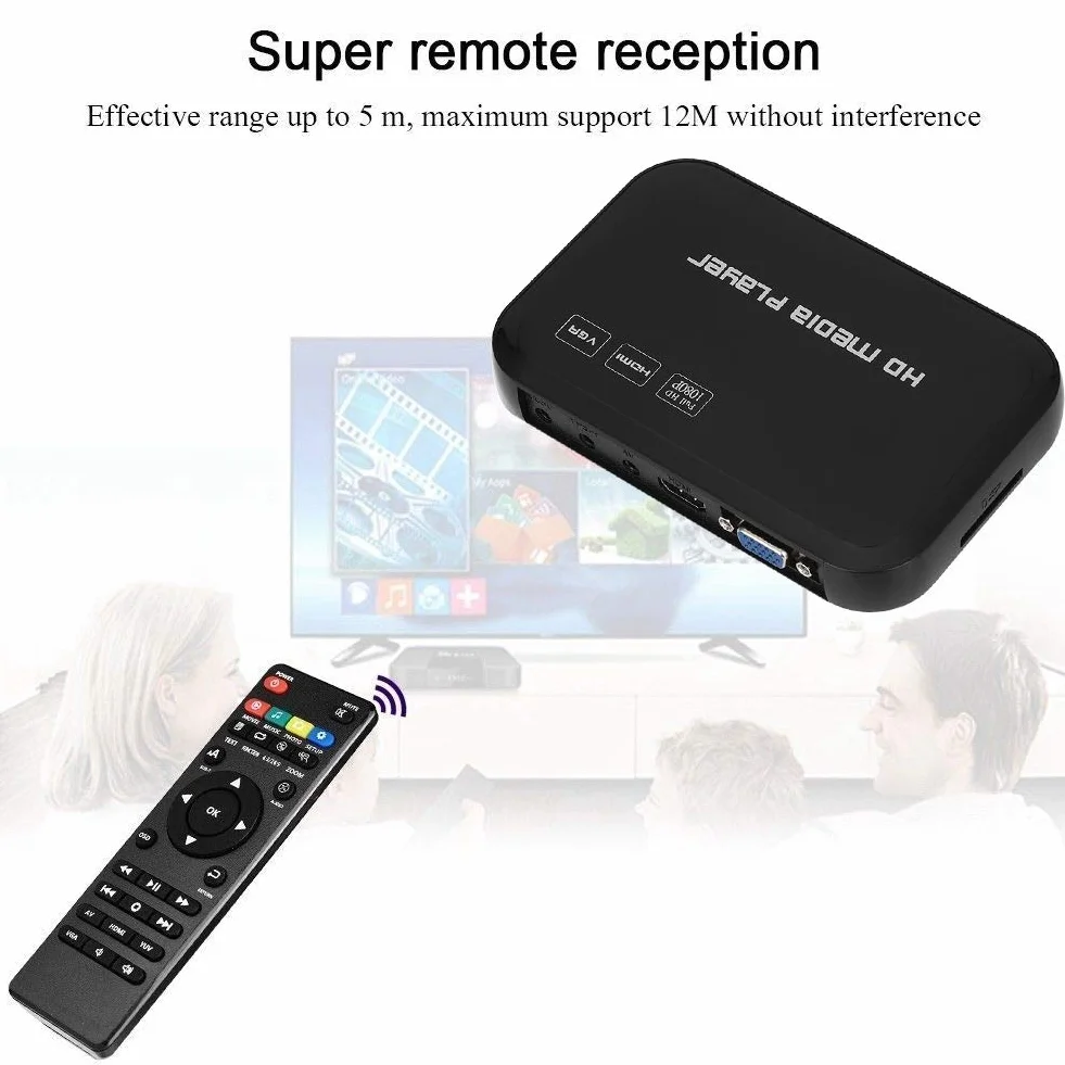 Mini Full HD 1080P Multi Media Player Uscita HDMI/AV, Lettore video audio HD con telecomando e cavo AV, Supporta MMC/SD/MS/SDHC(EU)
