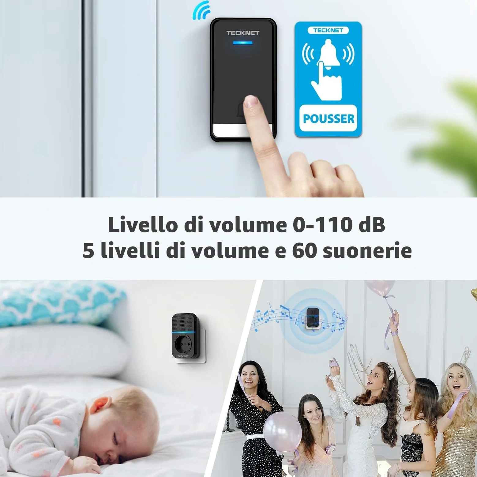 TECKNET Campanello senza fili esterno impermeabile con spina, 400 m portata campanello casa autoalimentato, IP65 campanello per porta senza batterie con indicatori LED, 60 melodie gamma, 5 livelli di