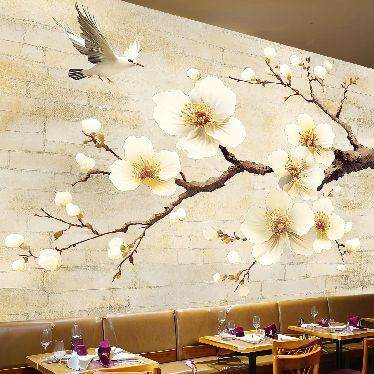 Carta da Parati Fiori astratti su muro di mattoni300 x 210 cm Fotomurale TNT Beige chiaro Decorazione Parete Moderna per Soggiorno Camera da Letto