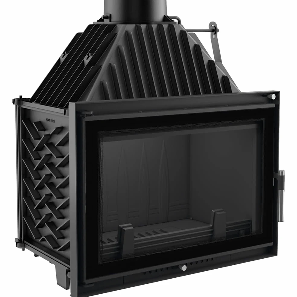 KRATKI Inserto per camino in ghisa a legna OLIWIA 16 kW Ø200 frontale A | Ghisa nero, efficienza 76,6%, classe A. Ecodesign.; combustione efficiente; basse emissioni; calore uniforme