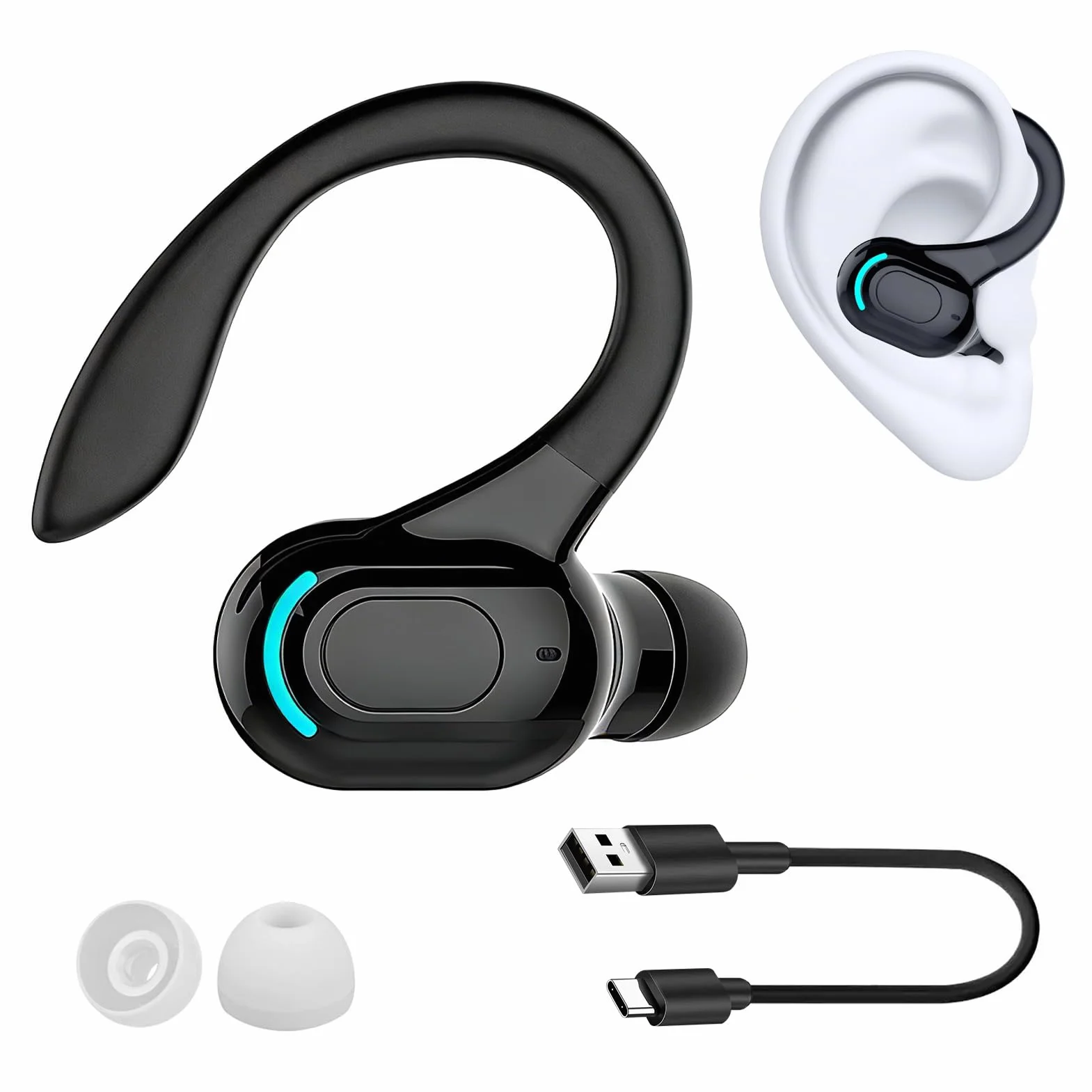Auricolare Bluetooth Mono senza fili V5.2, microfono integrato a mani libere orecchio, 70 mAh, fino a 20 ore di riproduzione, design a 360° sopra l'orecchio, uso casco wireless per iPhone, Android e