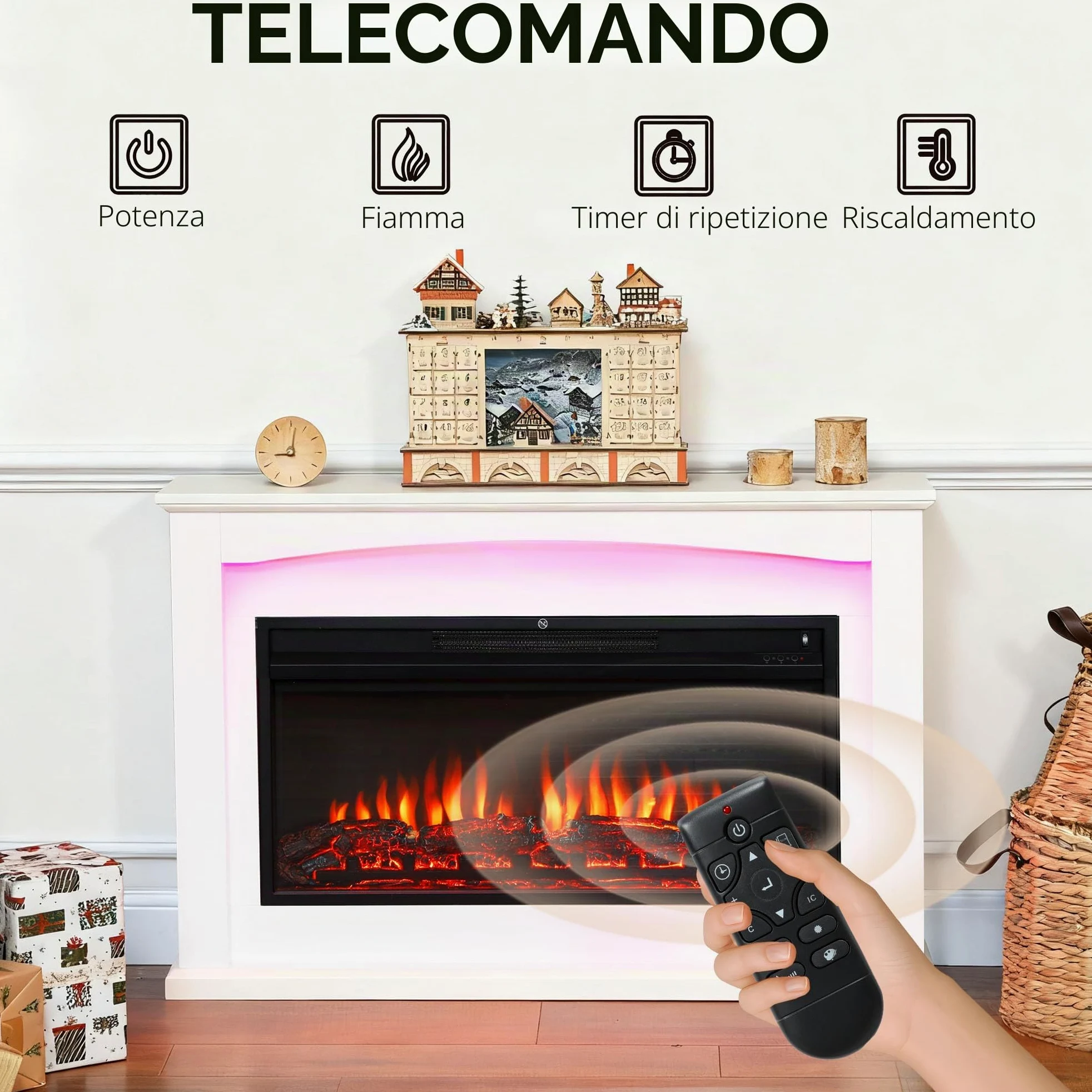 HOMCOM Caminetto elettrico 1000W/2000W, effetto fiamma con 5 luminosità regolabili, finto caminetto decorativo con mantello, termostato regolabile, telecomando, timer, fino a 30 m², bianco