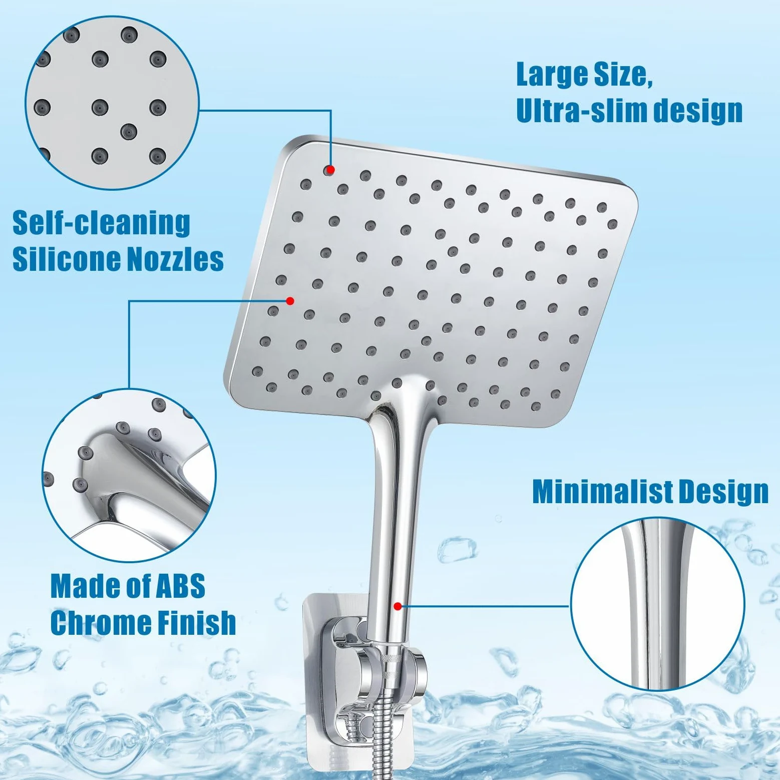 Ampio Soffione Doccia Manuale, Soffioni Doccia Manuali ad Alta Pressione Voolan, Soffione a Pioggia Cromato da 25cm, Sufficientemente Ampio da Coprire Tutto il Corpo, forma Quadrata