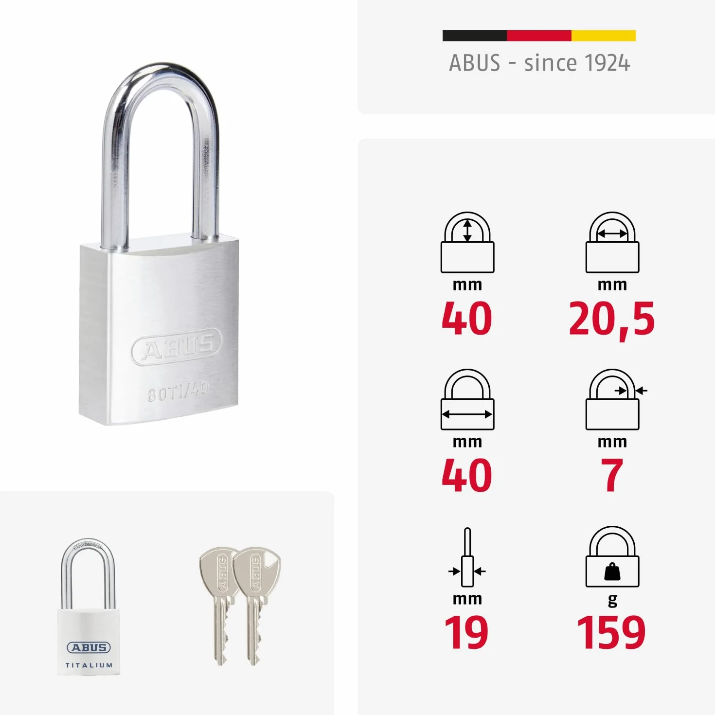 ABUS 562242-80TI/40HB40 Candado Titalium arco Nano protect y llave de 6 pitones 40 mm arco largo
