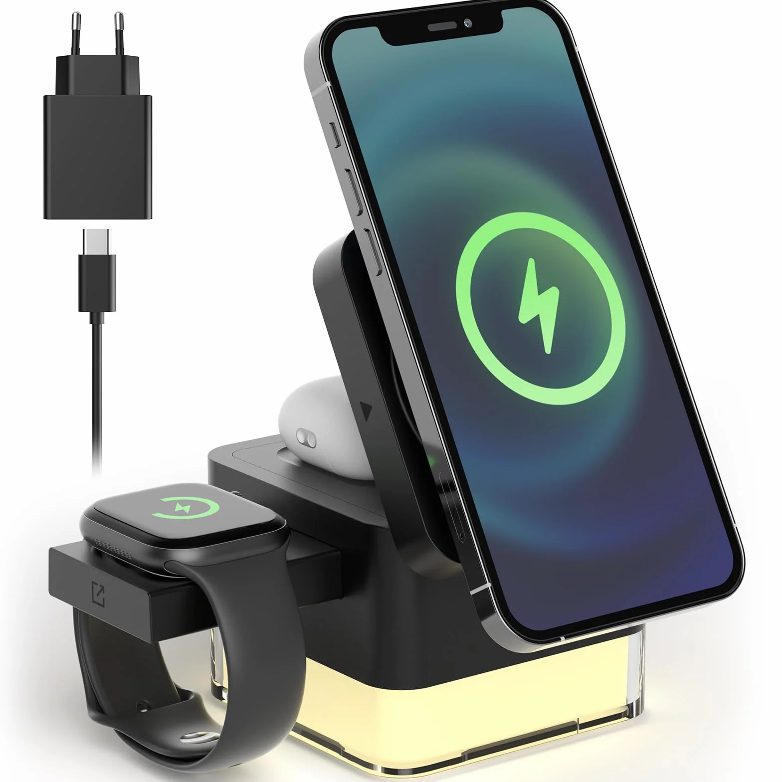 Caricatore Wireless 4 in 1, Qi Ricarica Rapida, Caricatore Compatibile Con Lampada da Comodino, per iPhone Serie 12/13/14/15/16, Airpods 2/3/Pro, iWatch