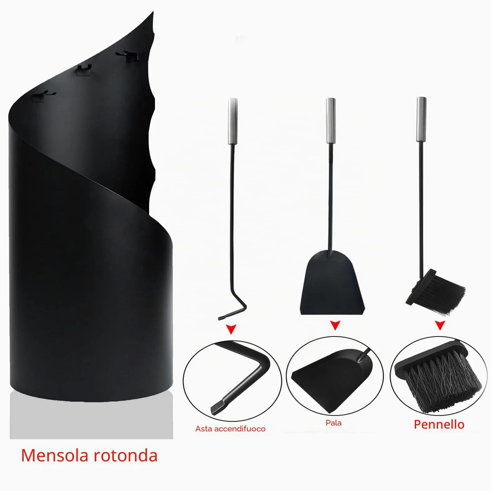 YRHome Set di 4 attrezzi per camino in acciaio inossidabile, set per camino, accessori per camino con attizzatoio, paletta per camino, paletta per cenere, supporto in acciaio con manici in acciaio
