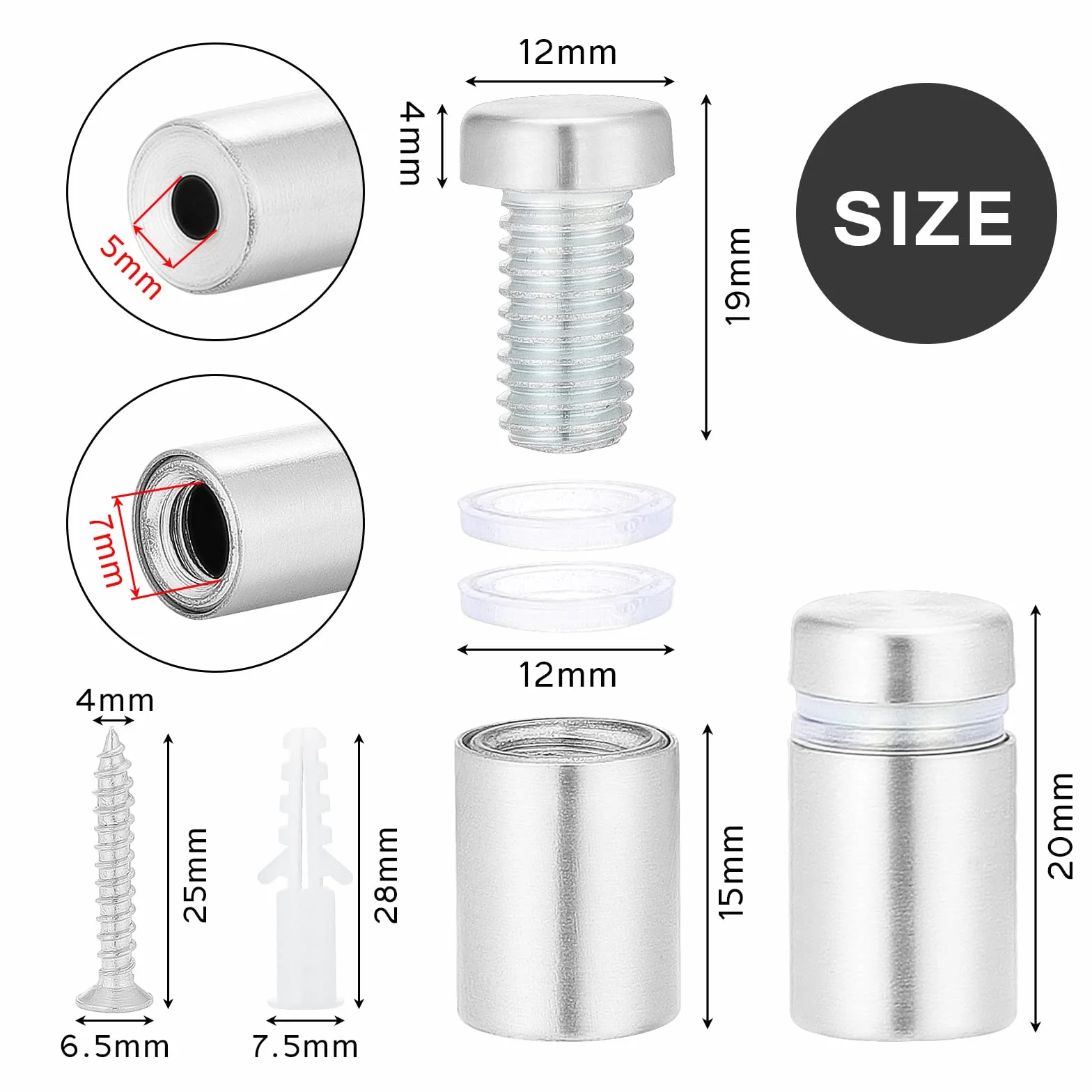 Viti di Fissaggio in Acciaio Inox per Vetro 12 x 20mm 20 Pezzi