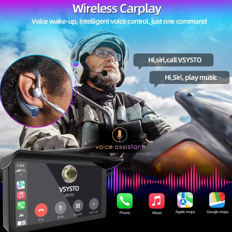 VSYSTO Schermo Carplay per moto, Carplay wireless e Android Auto, touchscreen da 5 pollici, display con indicazione della temperatura e della tensione della batteria,navigazione GPS, assistente vocale