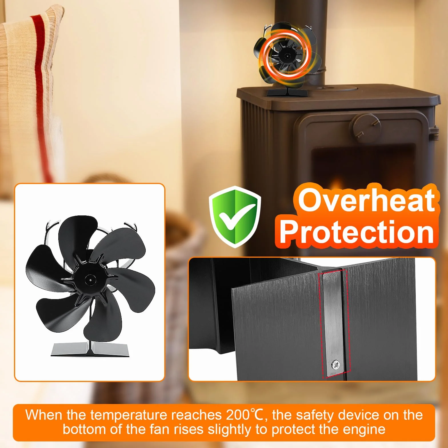 Ventilatore Stufa a Legna 6 Pale con Termometro, Ventilatore da Camino Alimentato a Calore per Stufa a Legno/Camino/Gas/Log (Medio)