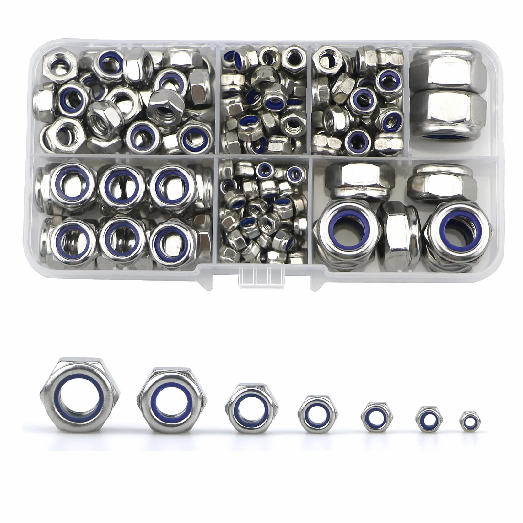 Set di 212 dadi di bloccaggio esagonali in acciaio inox 304 con inserto in nylon, assortimento M3-M12